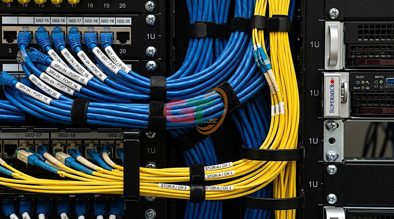 Kỹ thuật đi dây mạng và dây nhảy quang trong tủ rack bằng thanh quản lý cáp và velcro