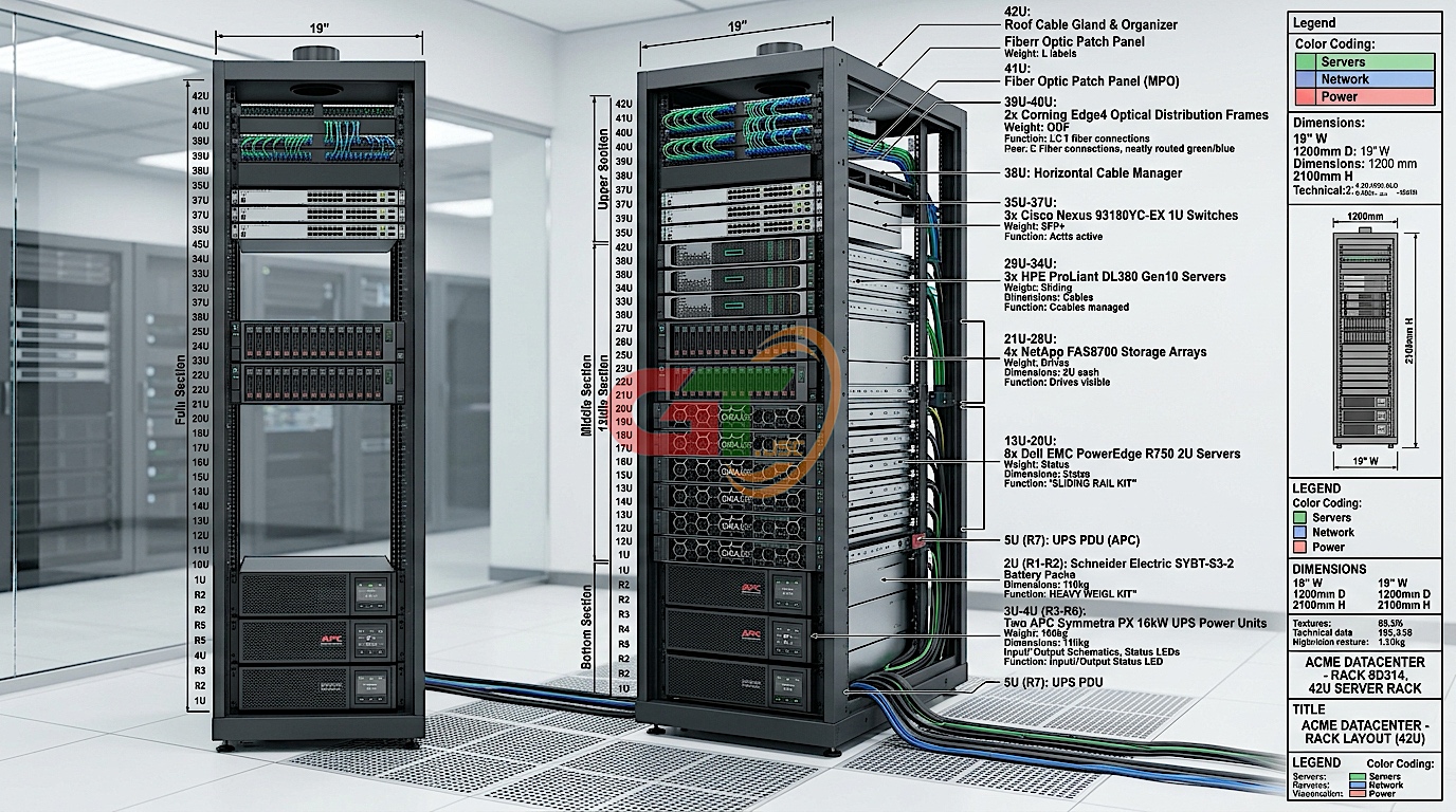Sơ đồ phân tầng bố trí thiết bị trong tủ rack từ dưới lên trên chuẩn Data Center
